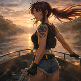 anime adventurer girl on boat sunset 93 1920x1080