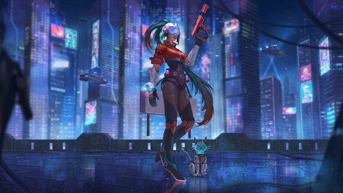cyberpunk female warrior in city eq 1920x1080.jpg