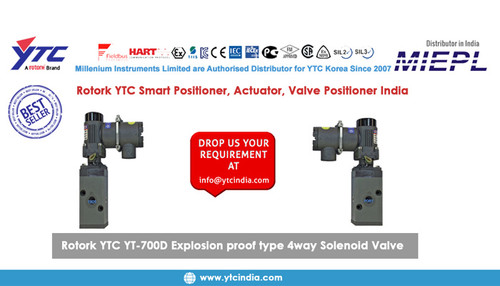 Explosion proof type 4way Rotork YTC solenoid valve, Rotork YTC YT- 700D series outputs pressure to valves or changes output port direction. - Explosion proof type (ExdIICT6) solenoid valve. - Replacement of coil is easy due to AC and DC applied in same enclosure. - Manual switch enables user to test the operation when the power source is cutoff. - Connecting wires are easy because connection port can be rotated (265°). - Valve body is air pressure operating type, so the operation is very smooth with high durability. - Can be directly attached on actuator, because of NAMUR type design.

YTC India are Exclusive distributors, Supplier & Dealers in India for YTC make pneumatic positioners, air filter and pressure regulators, limit switch box, electro pneumatic positioners valve and calibiration positioners, hart and ip converters air and vaccum boster and valves catalog, manuals. YTC Korea products confirm to best International quality and are at par with norgren, parker, abb, rotex, siemens, samson, shavo, smc, watson smith, watts, siemens 760, 6dr5210, ps2, sipart, tzidc in Ytc India.
For More Details Visit Our Website :- www.ytcindia.com
Email Us At :- info@ytcindia.com , ytcindia9@gmail.com
Tel. No.: +91-11-2201-4325,4327,65094516