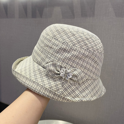 SKU 01 米色 卷边格纹花朵蝴蝶结款.jpg