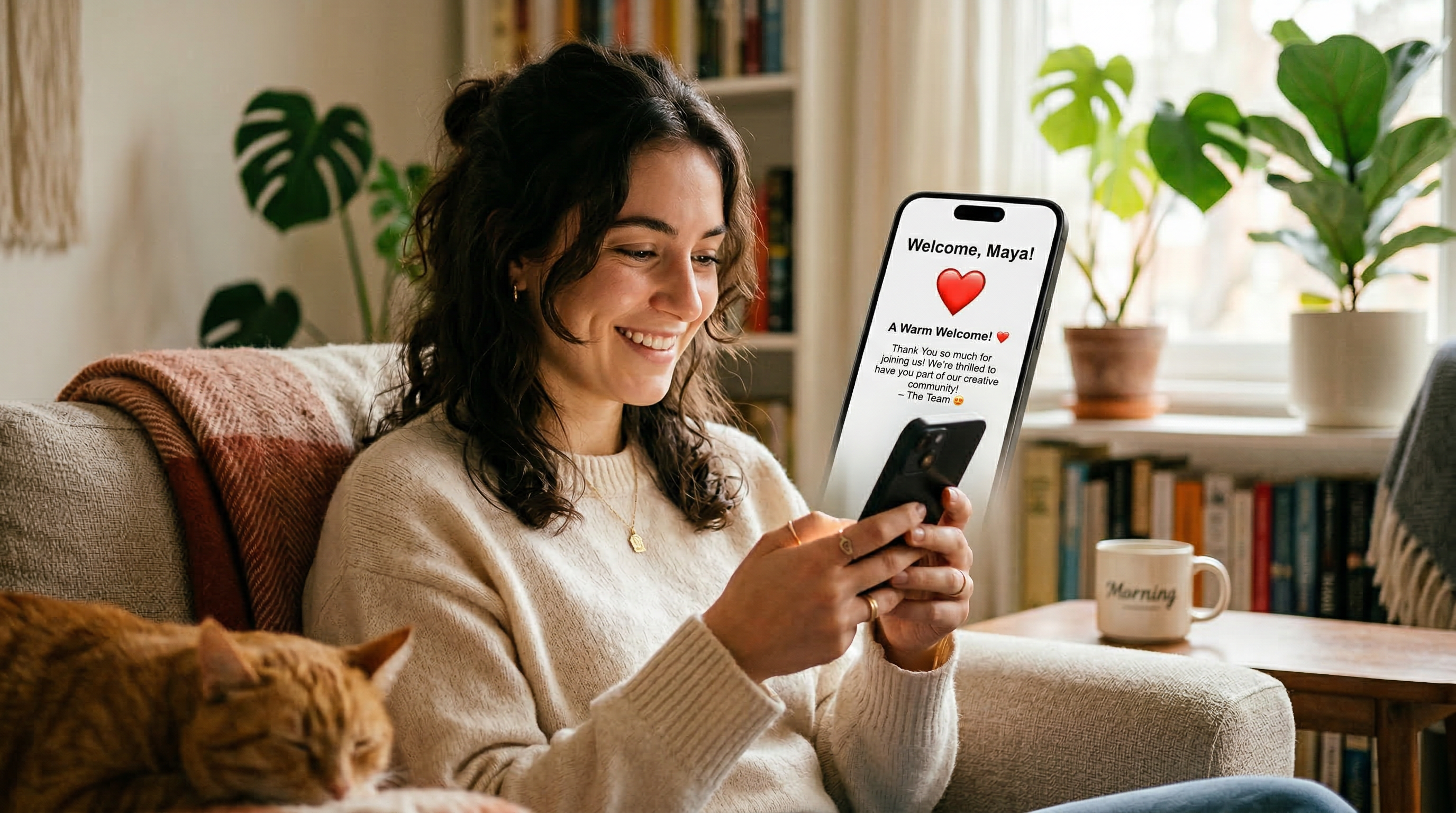 A new donor reading a welcome email from a charity on her phone