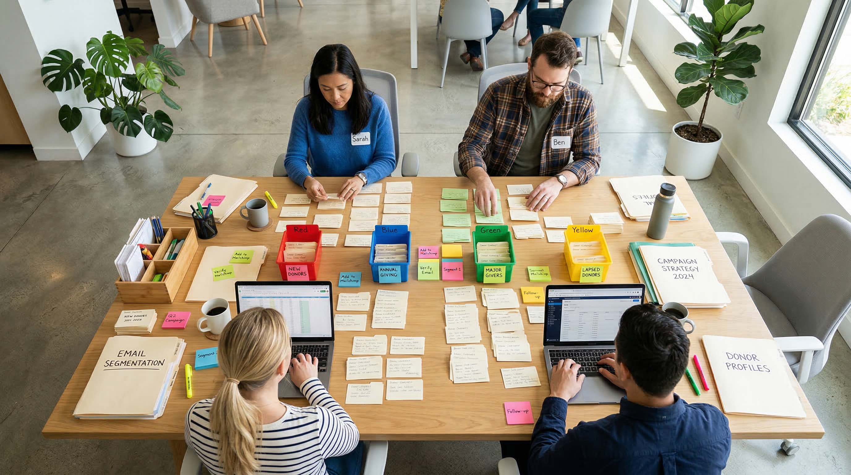 A nonprofit team sorting donor cards into colored groups for segmentation