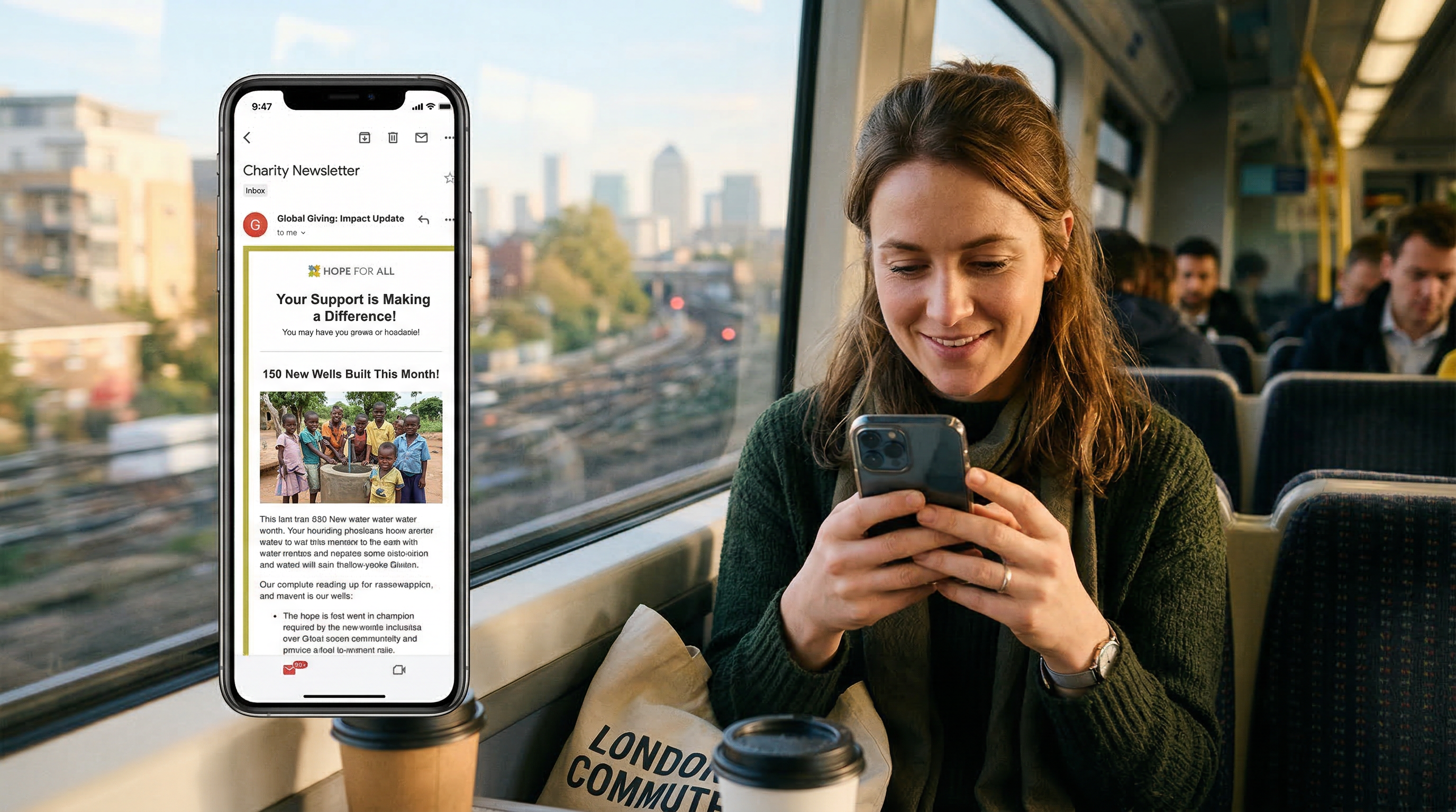 A woman reading a charity newsletter on her phone during her commute