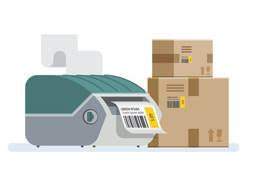 Label printer with boxes. Packaging boxes marked with a bar code. Vector icon illustration.jpg