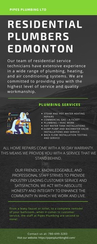 If you are having leaky faucets or clogged drains, then do not think twice. Pipes Plumbing LTD provides the best plumbing solutions to your problems. Hire Residential Plumbers Edmonton to enjoy the best services or call us at 780-699-3283. Visit our website: https://pipesplumbingltd.com/residential-plumbing/