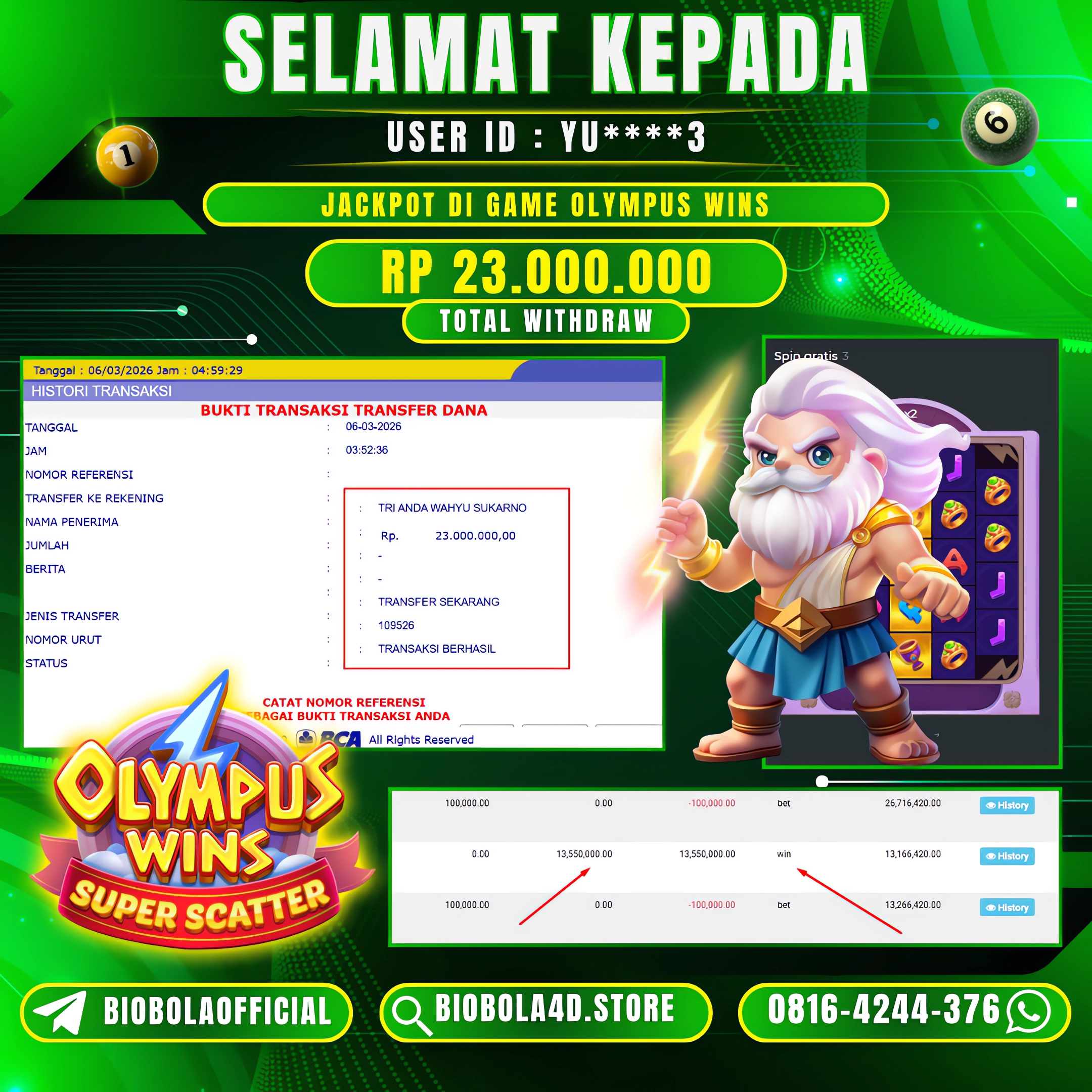JP OLYMPUS WINS 23 JT DI BAYAR LUNAS !!