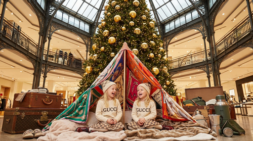 a wide shot of two cute adorable 4 years old joyful caucasian girls, wearing modern minimalist gucci.png