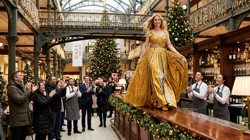 a wide shot of a beautiful joyful smiling caucasian top model, wearing gucci jacquemus yellow coutur.png