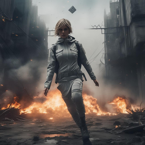 视频以3D动漫风格呈现，核心主体是一位身着连帽战术服（浅灰色，带多口袋设计）、背着背包、留着齐肩金发的女性，在夜晚的都市废墟中展开生死逃亡。她先躲避激光引发的爆炸，随后起身奔跑穿越燃烧的废墟，最终跳上.jpg