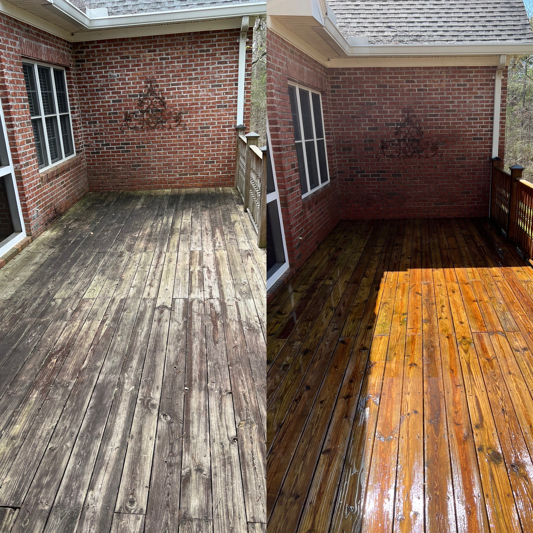 Wooden deck before and after pressure washing in North Georgia showing dramatic restoration