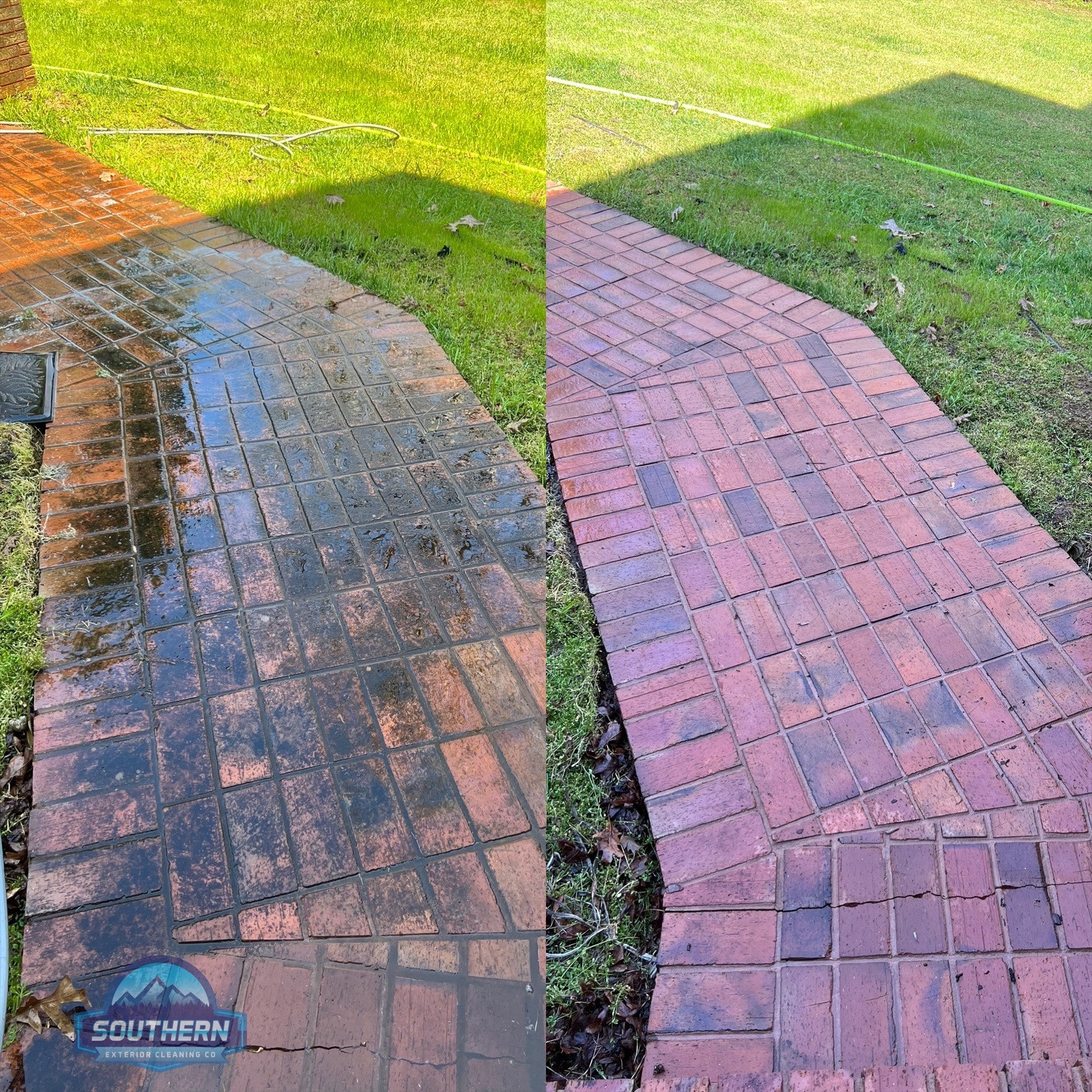 Concrete walkway before and after professional cleaning in North Georgia