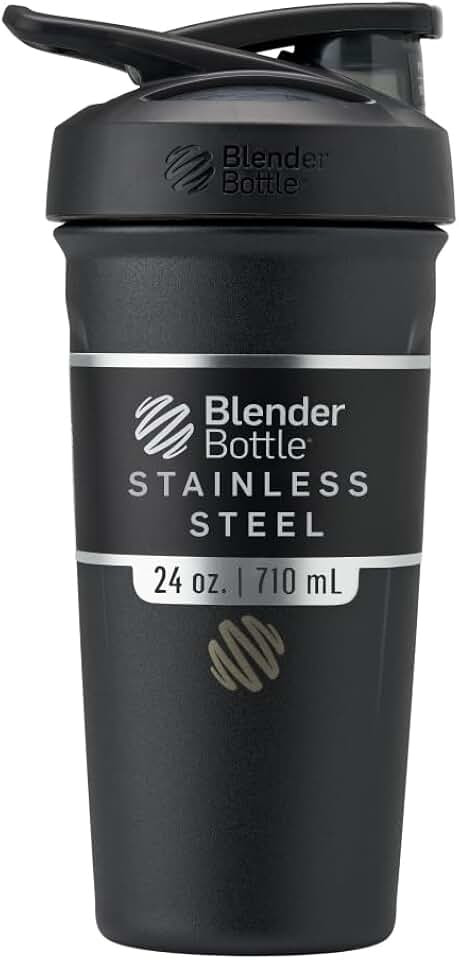 BlenderBottle Strada Shaker Cup Insulated Stainless Steel Water Bottle with Wire Whisk, 24-Ounce, Black