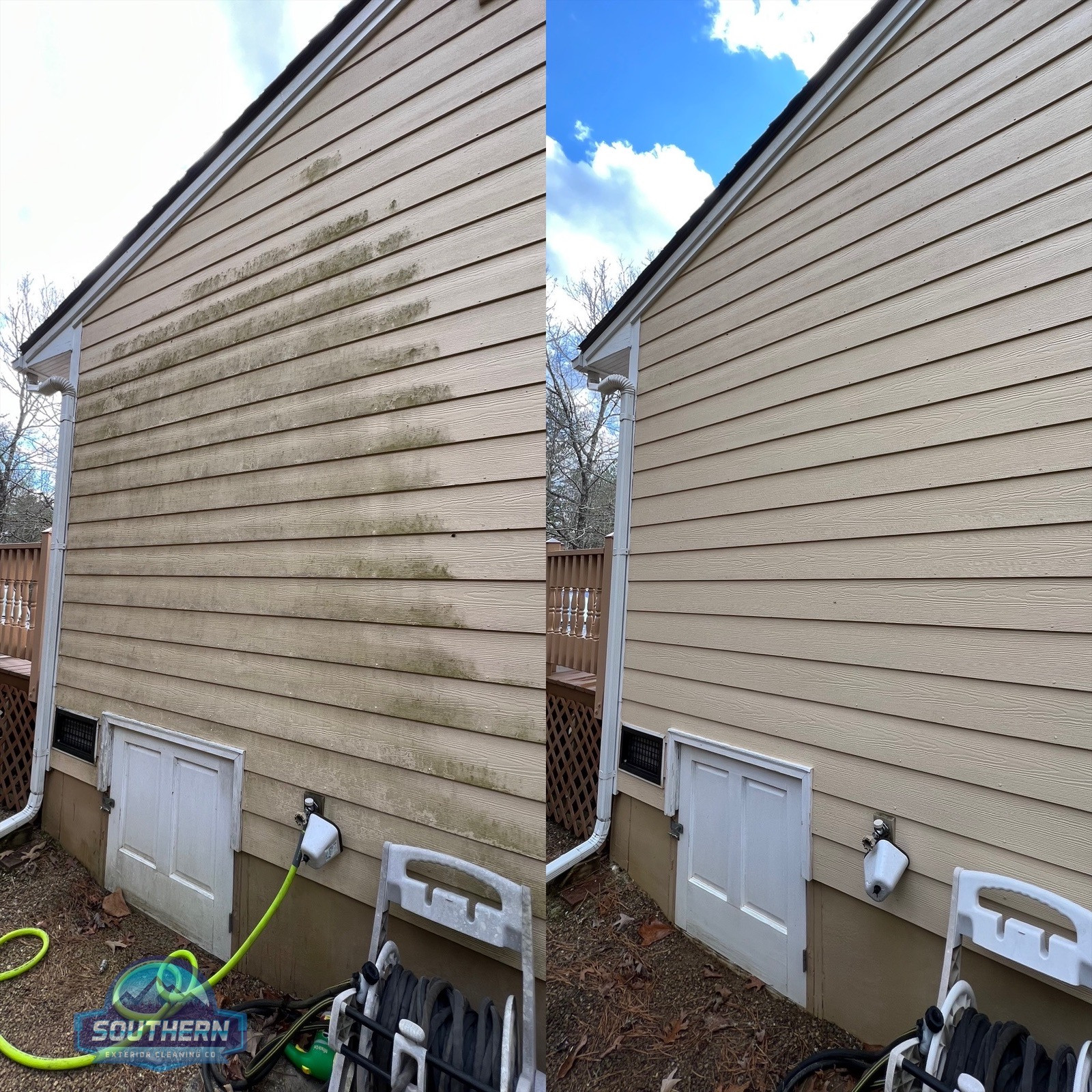 Vinyl siding cleaning results showing dramatic before and after in North Georgia