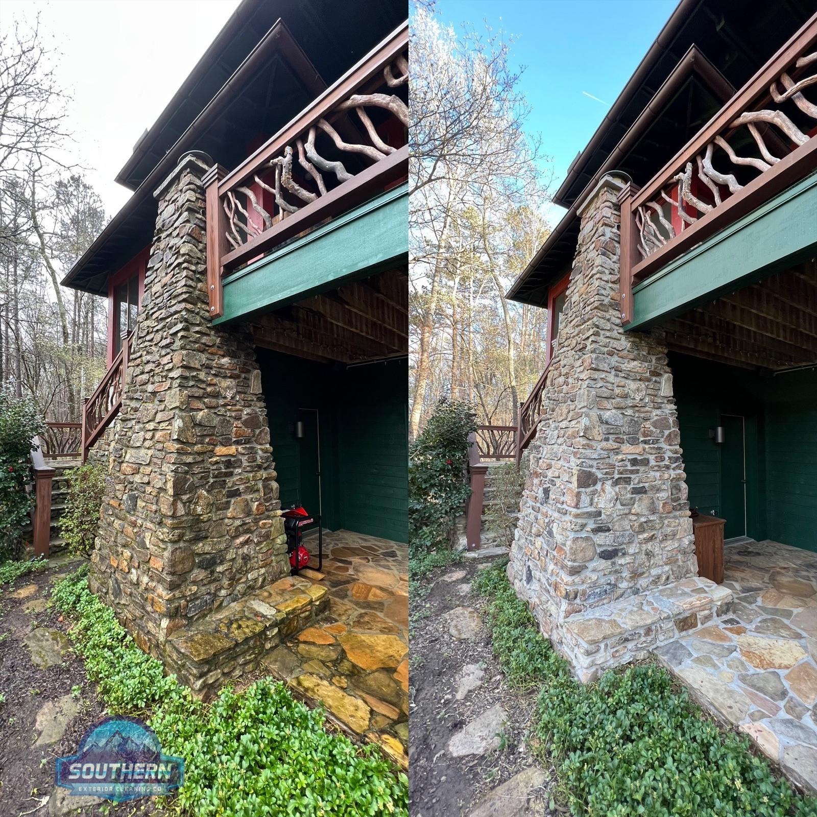 Professional soft washing a home exterior in North Georgia removing mold and algae from siding