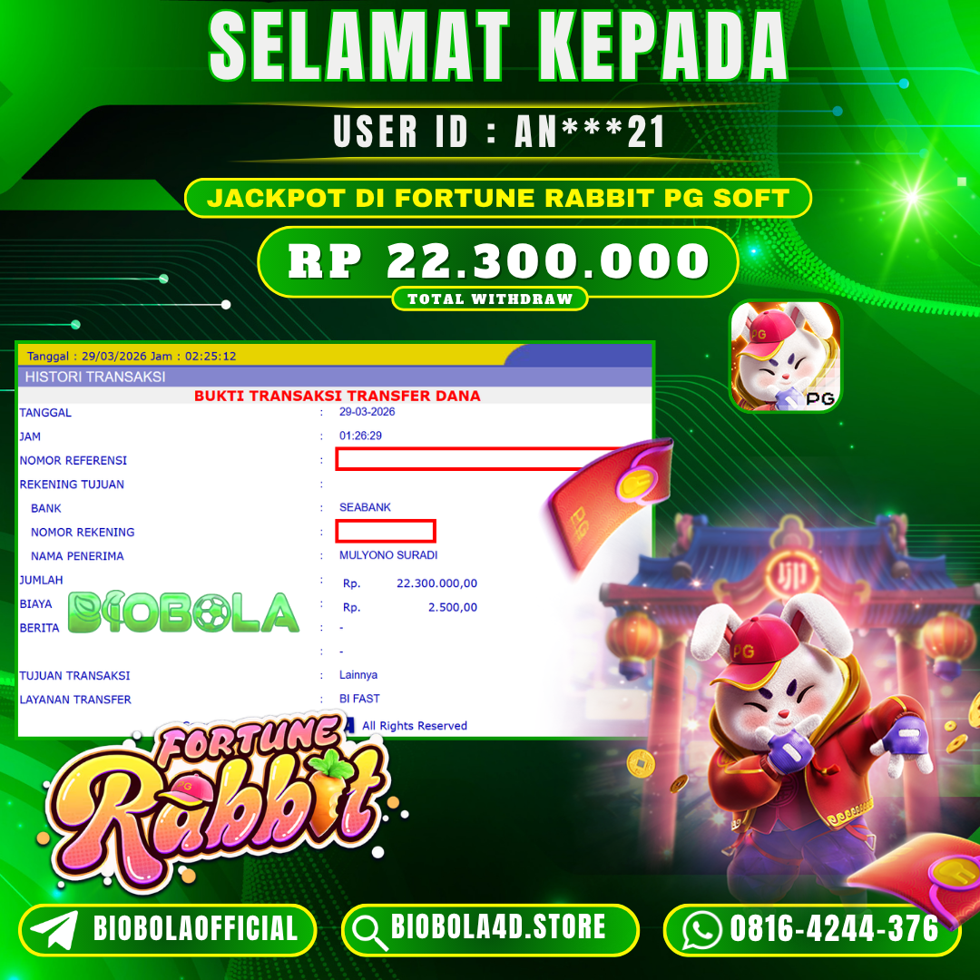 JP FORTUNE RABBIT PG SOFT 22 JT DI BAYAR LUNAS !!