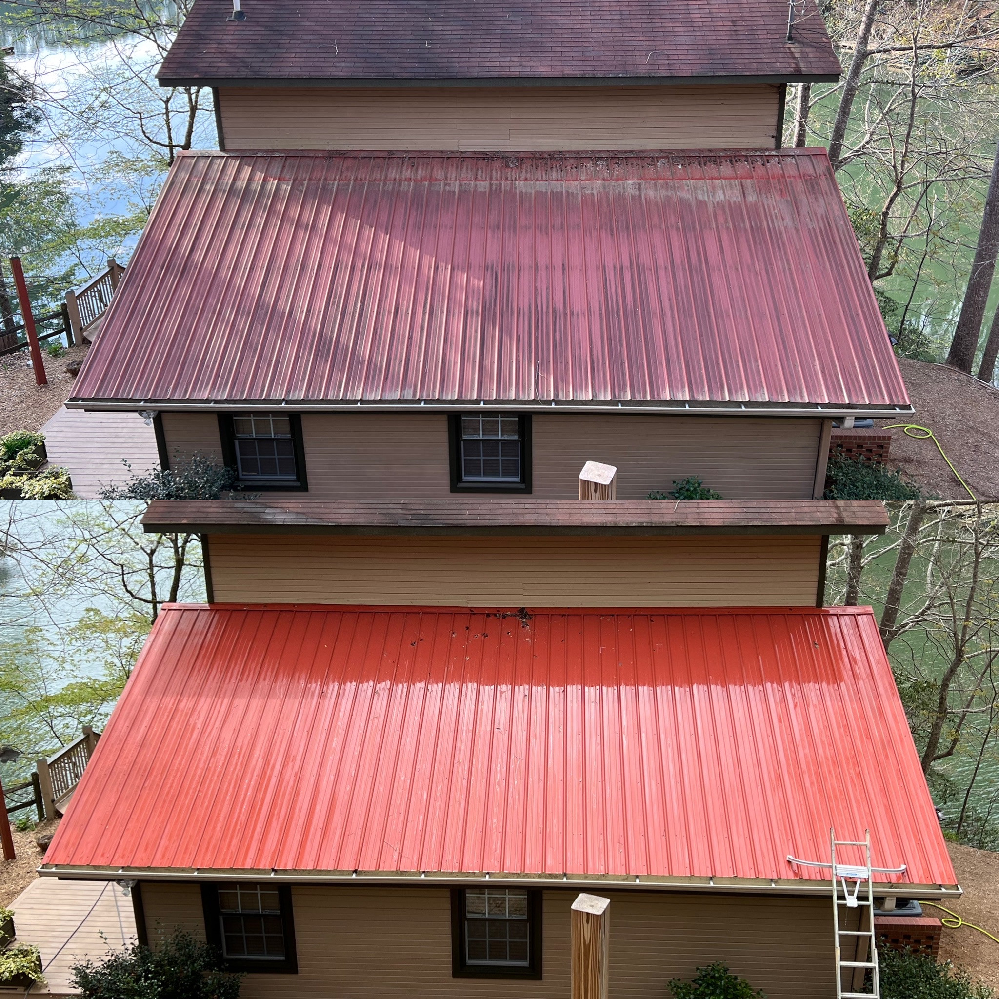 Professional roof cleaning service removing algae and moss in North Georgia
