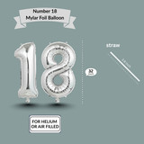 32 Inch Big Sliver Large Number 18 Mylar Foil Balloon For Helium &amp; Air Filled Premium Self Seal Ball