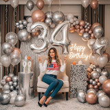 32 Inch Big Sliver Large Number 34 Mylar Foil Balloon For Helium &amp; Air Filled Premium Self Seal Ball