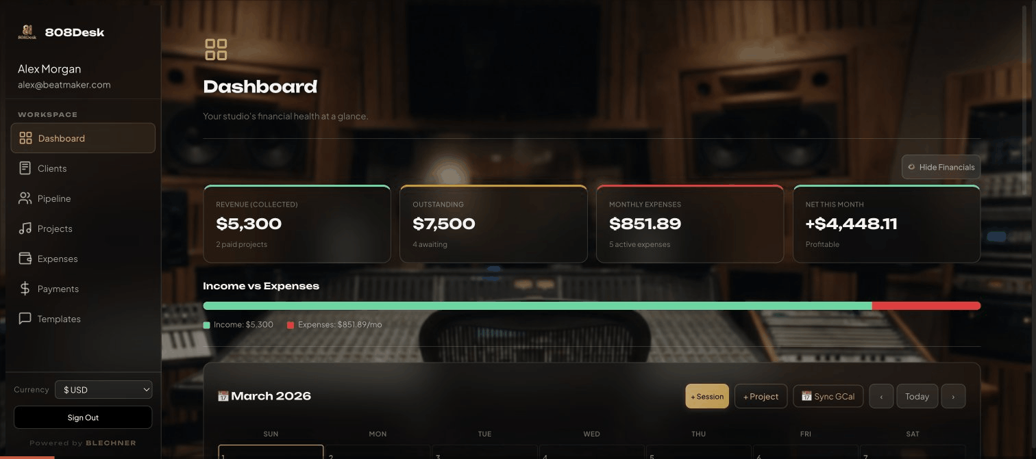 808Desk walkthrough - dashboard, clients, pipeline, projects, payments, expenses, and templates
