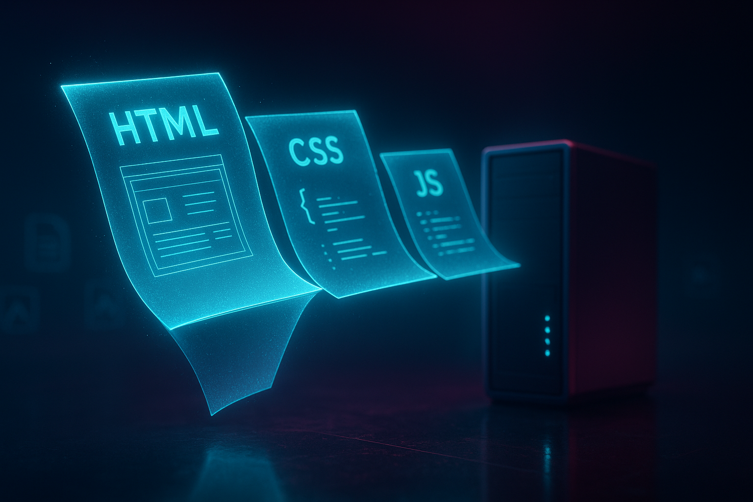 A surreal, hyperreal scene of a luminous digital blueprint unfolding into crystal-clear sheets labeled HTML, CSS, and JS. The sheets drift through the air and lock into a minimalist server tower set on a reflective obsidian platform. Use a contemporary cyberpunk aesthetic with soft neon cyan and magenta highlights, shallow depth of field, cinematic rim lighting, and micro-textures on the paper edges. A subtle constellation of icons suggests pages, images, and scripts, with a long panoramic composition for a banner-like feel.