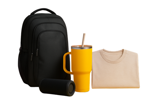 Branded backpack, tumbler, speaker, and shirt
