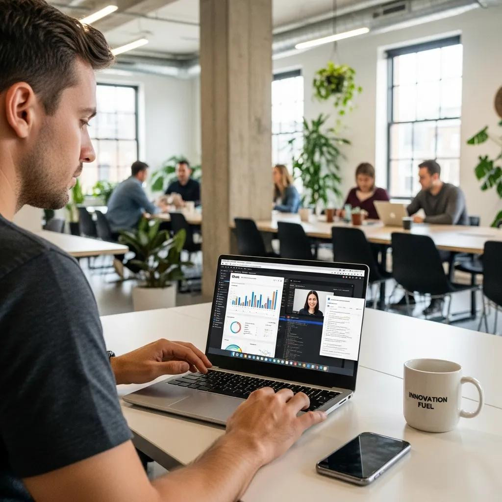 Entrepreneur using laptop in coworking space