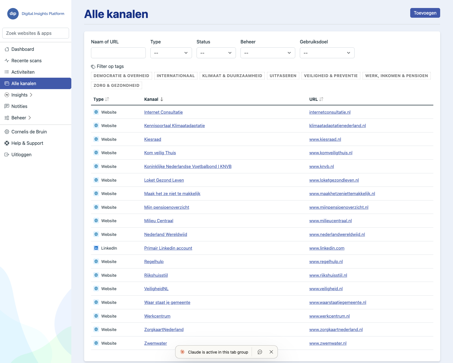 Het overzicht Alle kanalen in dip, met filters en de lijst van websites en apps.