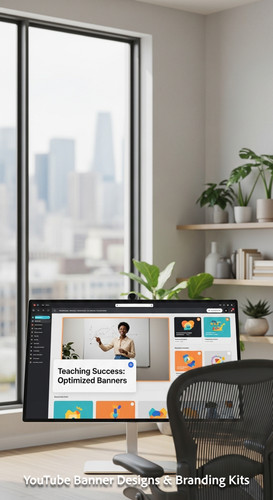 A bright studio with a large window a monitor showing an educational channel kit overlay text Teachi.jpg