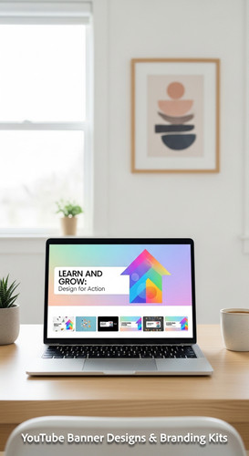 A bright home office with a laptop displaying an educational tutorial thumbnail set overlay text Lea.jpg