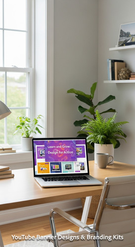 A bright home office with a laptop displaying an educational tutorial thumbnail set overlay text Lea.jpg