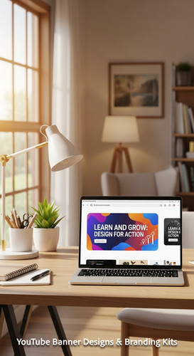 A bright home office with a laptop displaying an educational tutorial thumbnail set overlay text Lea.jpg