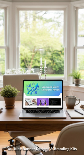 A bright home office with a laptop displaying an educational tutorial thumbnail set overlay text Lea.jpg