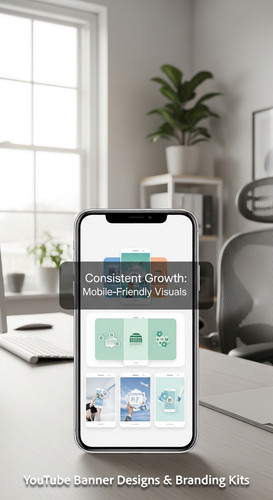 A clean home office with a phone displaying a cohesive thumbnail set overlay text Consistent Growth .jpg