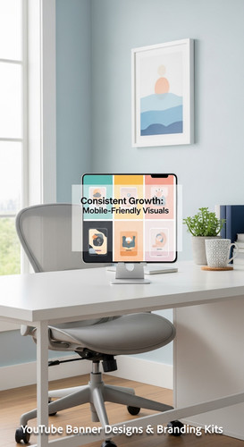 A clean home office with a phone displaying a cohesive thumbnail set overlay text Consistent Growth .jpg