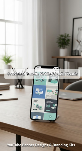 A clean home office with a phone displaying a cohesive thumbnail set overlay text Consistent Growth .jpg