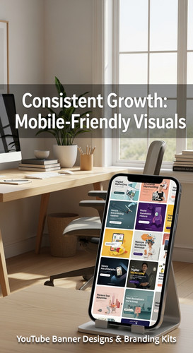 A clean home office with a phone displaying a cohesive thumbnail set overlay text Consistent Growth .jpg