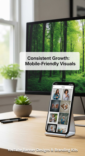 A clean home office with a phone displaying a cohesive thumbnail set overlay text Consistent Growth .jpg