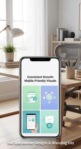 A clean home office with a phone displaying a cohesive thumbnail set overlay text Consistent Growth .jpg