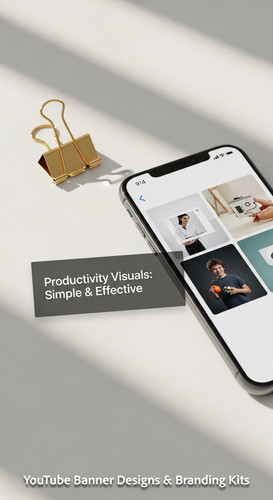 A clean desk with a gold paperclip and a phone showing a cohesive thumbnail set overlay text Product.jpg