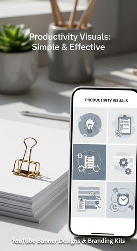 A clean desk with a gold paperclip and a phone showing a cohesive thumbnail set overlay text Product.jpg