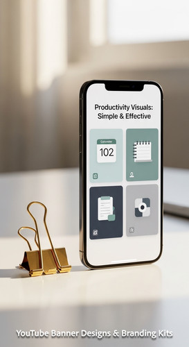 A clean desk with a gold paperclip and a phone showing a cohesive thumbnail set overlay text Product.jpg