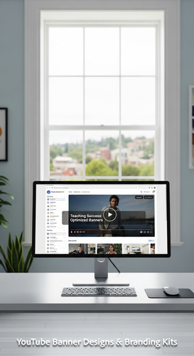 A bright studio with a large window a monitor showing an educational channel kit overlay text Teachi.jpg