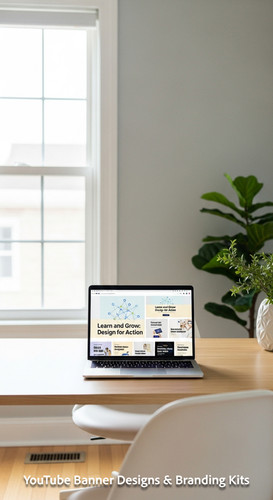 A bright home office with a laptop displaying an educational tutorial thumbnail set overlay text Lea.jpg