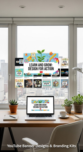 A bright home office with a laptop displaying an educational tutorial thumbnail set overlay text Lea.jpg