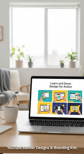 A bright home office with a laptop displaying an educational tutorial thumbnail set overlay text Lea.jpg