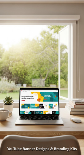 A bright home office with a laptop displaying an educational tutorial thumbnail set overlay text Lea.jpg
