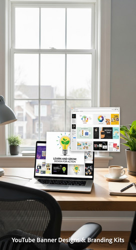 A bright home office with a laptop displaying an educational tutorial thumbnail set overlay text Lea.jpg