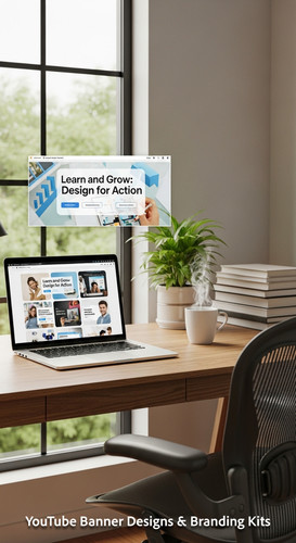 A bright home office with a laptop displaying an educational tutorial thumbnail set overlay text Lea.jpg
