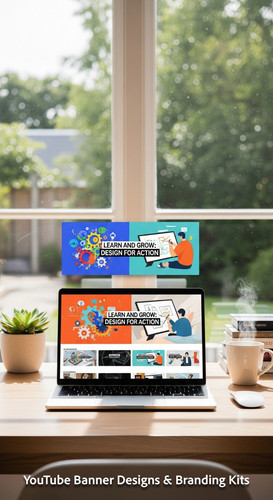 A bright home office with a laptop displaying an educational tutorial thumbnail set overlay text Lea.jpg