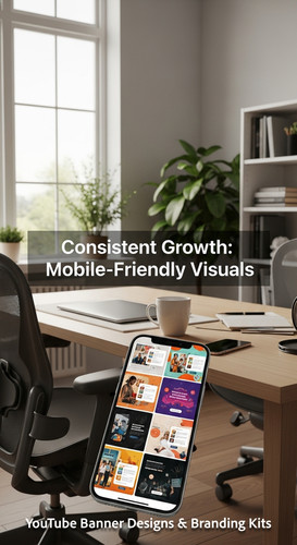 A clean home office with a phone displaying a cohesive thumbnail set overlay text Consistent Growth .jpg
